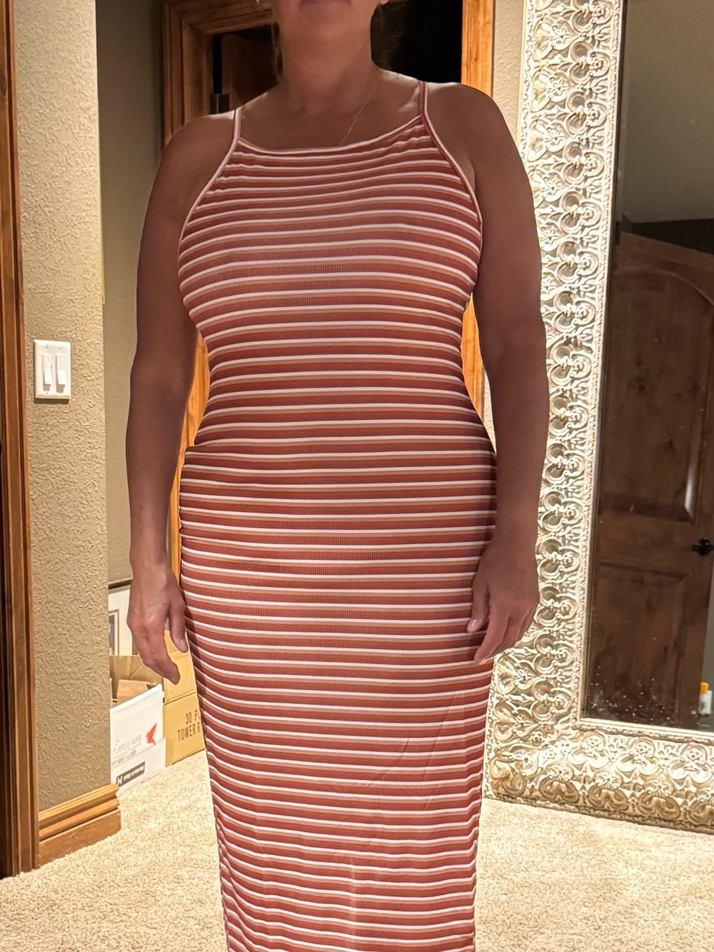 Striped Ribbed Tank Maxi Dress in Rust and Cream